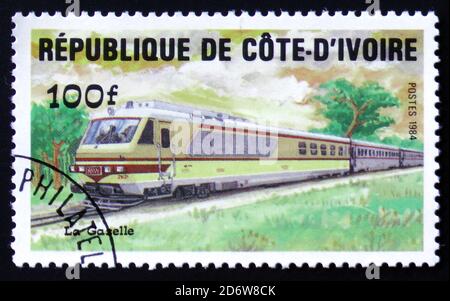 MOSKAU, RUSSLAND - 12. FEBRUAR 2017: Eine Briefmarke von Repuplic Cote D`ivoire, zeigt trane Gazelle, um 1984 Stockfoto